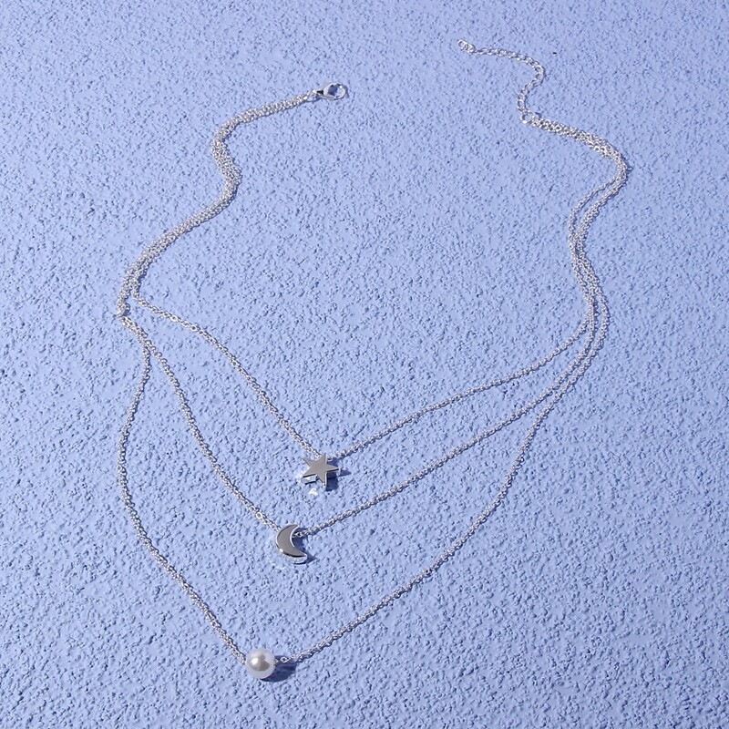 

Faux Pearl Decor Layered Chain Necklace, Silver
