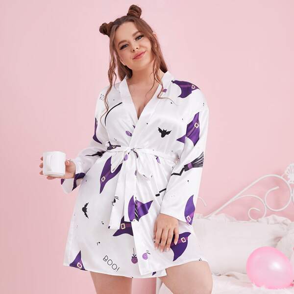 

Plus Satin Halloween Print Belted Robe, White