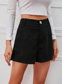 SHEIN Essnce Zipper Fly Corduroy Shorts - Black - View 1