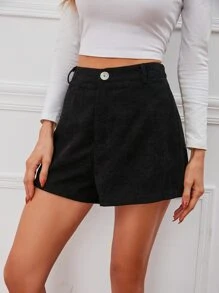 SHEIN Essnce Zipper Fly Corduroy Shorts - Black - View 4