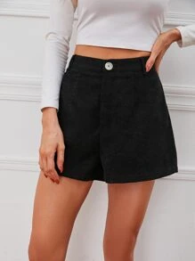 SHEIN Essnce Zipper Fly Corduroy Shorts - Black - View 5