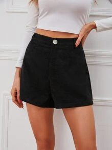 SHEIN Essnce Zipper Fly Corduroy Shorts - Black - View 6