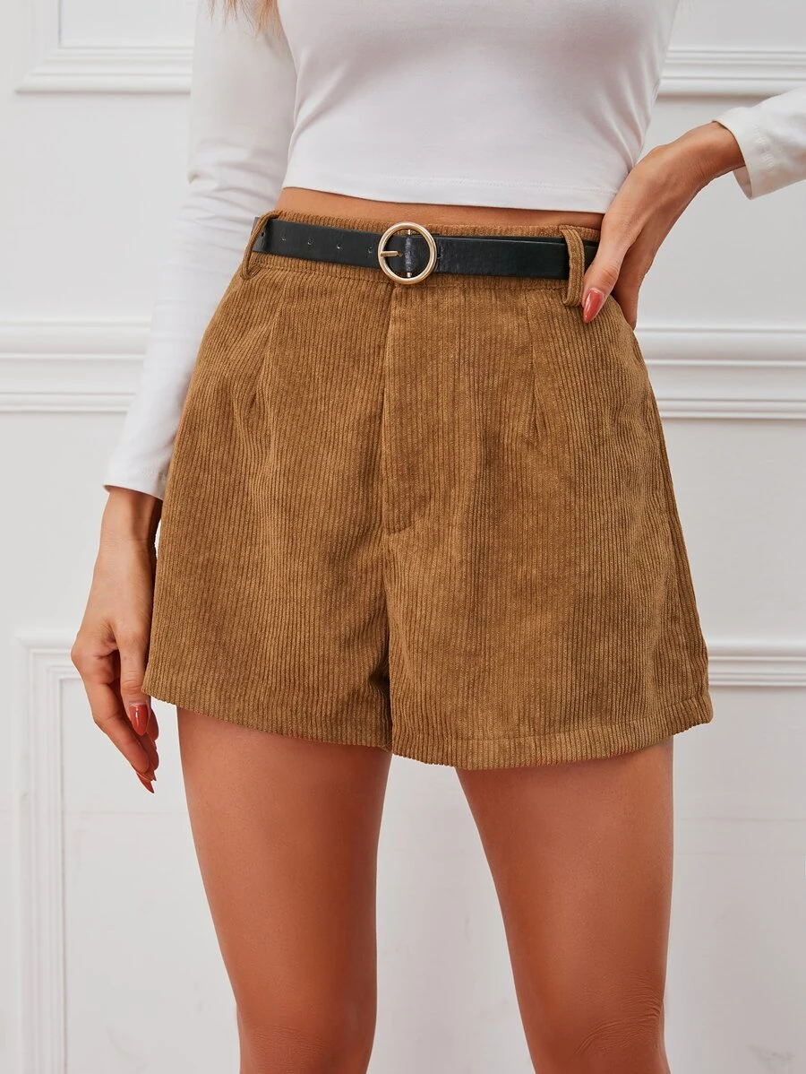 Chiquease Zipper Fly Corduroy Shorts Without Belt - Brown - View 1