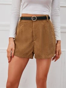 Chiquease Zipper Fly Corduroy Shorts Without Belt - Brown - View 4