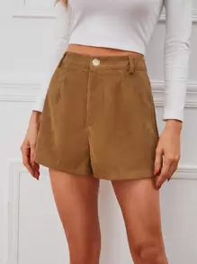 Chiquease Zipper Fly Corduroy Shorts Without Belt - Brown - View 5