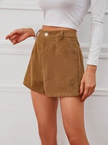 Chiquease Zipper Fly Corduroy Shorts Without Belt - Brown - View 6