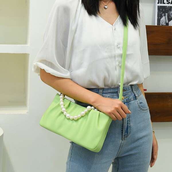 

Faux Pearl Decor Ruched Design Satchel Bag, Green