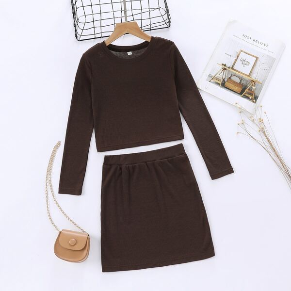 

Girls Solid Ribbed Knit Tee & Skirt, Chocolate brown