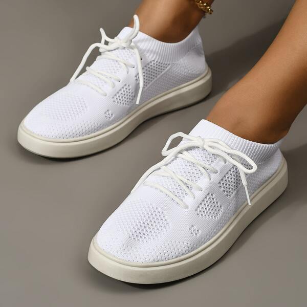 

Minimalist Lace Up Decor Knit Sneakers, White