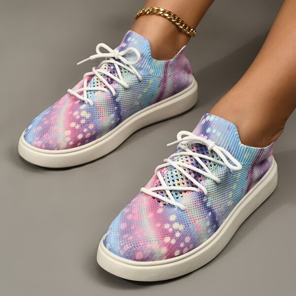 

Allover Graphic Lace Up Decor Knit Sneakers, Multicolor