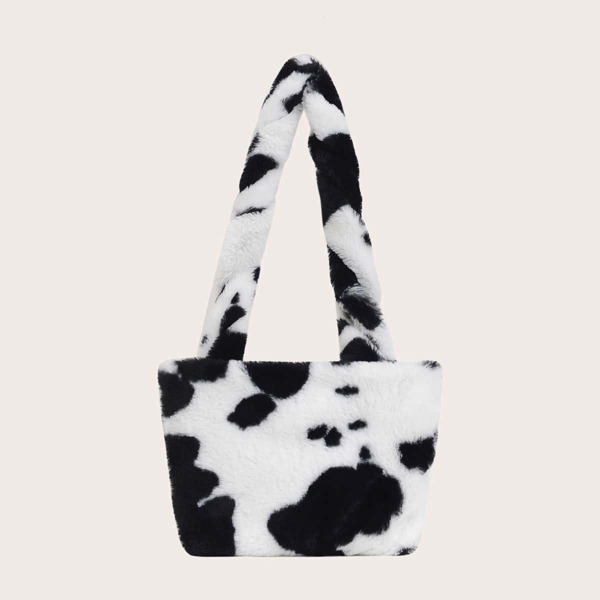 

Girls Cow Pattern Fluffy Shoulder Bag, Black and white