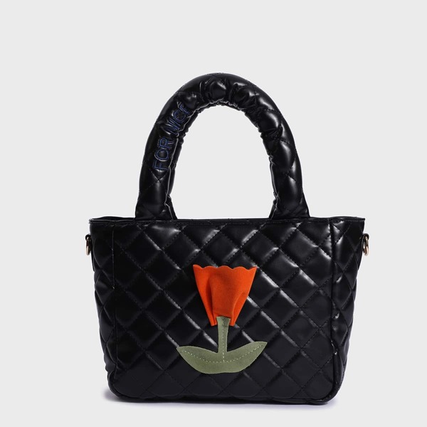 

Floral Appliques Quilted Top Handle Bag, Multicolor