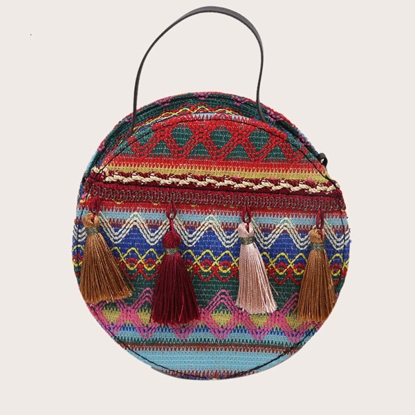 

Tassel Decor Geometric Graphic Chain Satchel Bag, Multicolor