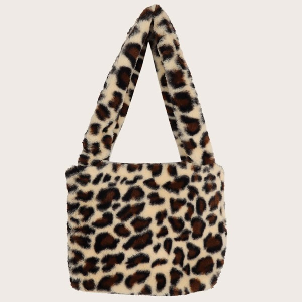 

Leopard Graphic Fluffy Shoulder Tote Bag, Multicolor
