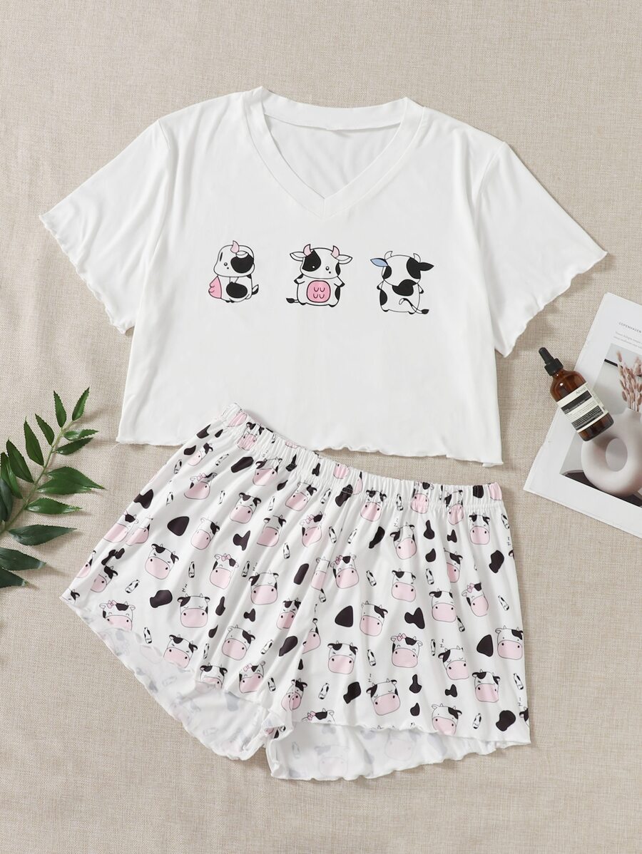 Plus Cartoon Graphic Lettuce Trim PJ Set - White - View 1