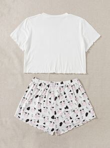 Plus Cartoon Graphic Lettuce Trim PJ Set - White - View 2