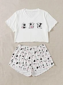 Plus Cartoon Graphic Lettuce Trim PJ Set - White - View 3