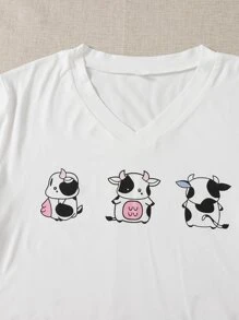 Plus Cartoon Graphic Lettuce Trim PJ Set - White - View 4