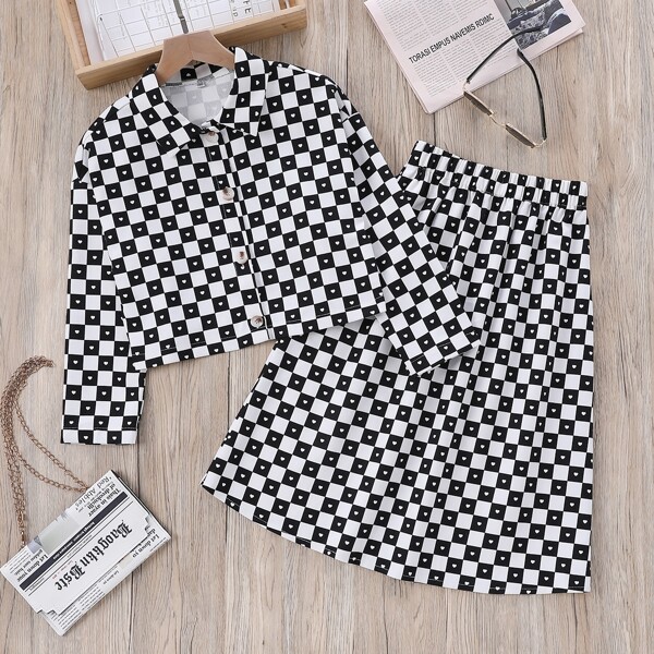 

Girls Plaid Print Jacket & Skirt, Black and white
