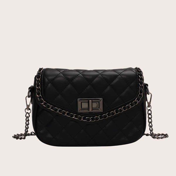 

Minimalist Quilted Twist Lock Chain Crossbody Bag, Black