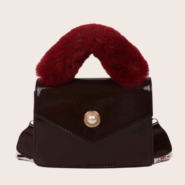 

Faux Pearl Decor Fluffy Handle Satchel Bag, Coffee brown
