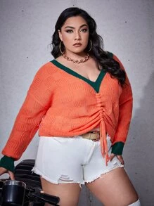 Flirla Plus Contrast Trim Drawstring Front Drop Shoulder Jumper - Orange - View 5