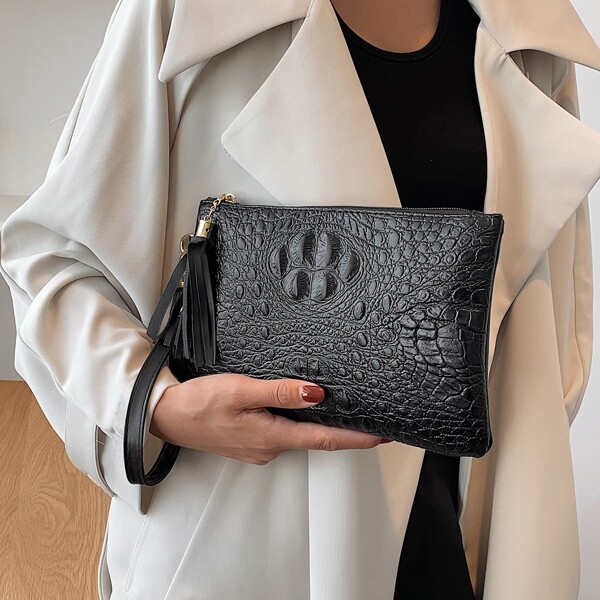 

Croc Embossed Clutch Bag With Wristlet, Black