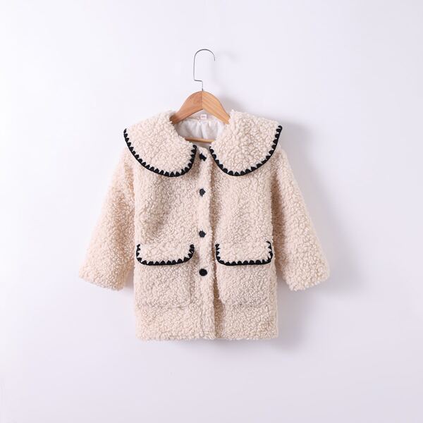 

Girls Contrast Binding Teddy Coat, Beige