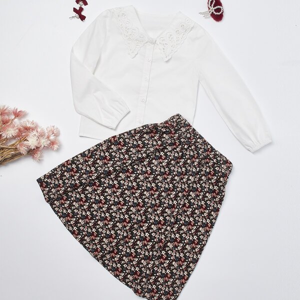 

Girls Button Front Blouse & Allover Floral Print Skirt, Multicolor