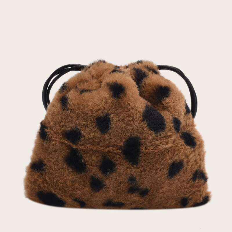 

Leopard Graphic Drawstring Design Fluffy Satchel Bag, Brown