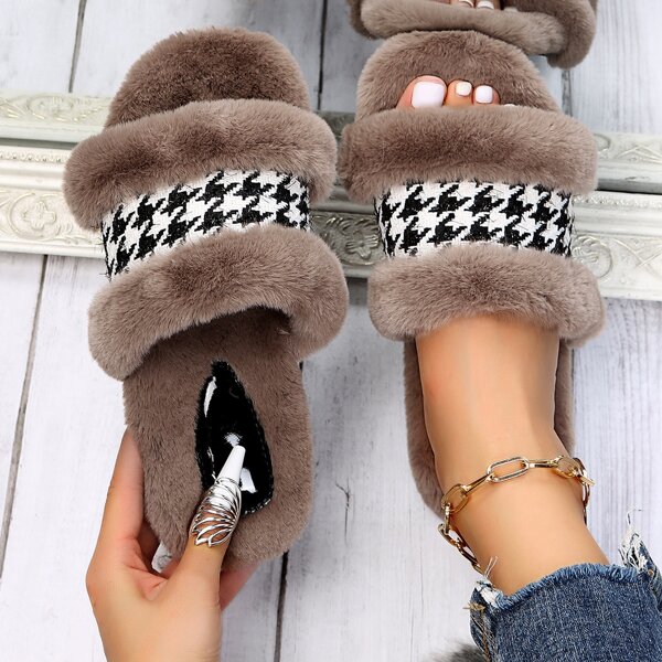 

Houndstooth Graphic Fluffy Slide Sandals, Khaki