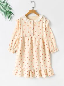 Niñas Vestido con estampado de fruta bajo con fruncido - Beis - Ver 1