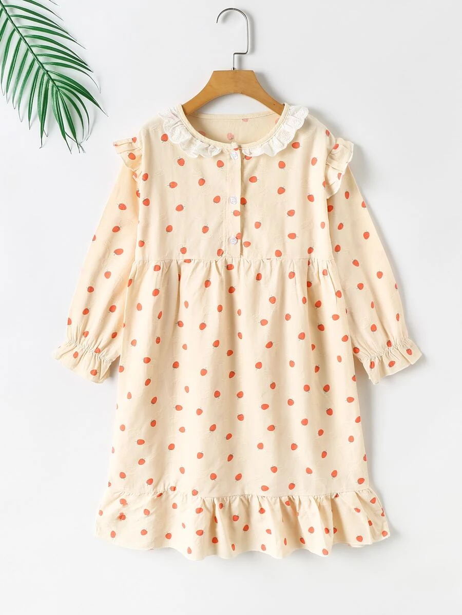 Niñas Vestido con estampado de fruta bajo con fruncido - Beis - Ver 1