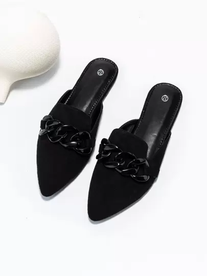 Fall/Winter Black Soft Faux Suede Pointed Toe Slip On Loafers With Chain Decor, Casual Comfortable Lightweight Versatile Flats For Women, Suitable For Indoor And Outdoor Wear All Seasons,Mule