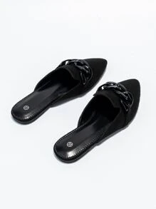 秋冬款黑色柔软仿麂皮尖头一脚蹬乐福鞋，带链条装饰，休闲舒适轻便百搭女士平底鞋，适合所有季节室内外穿着，穆勒鞋 - 黑色 - 查看 6