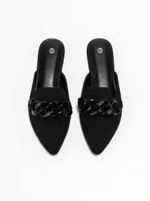 秋冬款黑色柔软仿麂皮尖头一脚蹬乐福鞋，带链条装饰，休闲舒适轻便百搭女士平底鞋，适合所有季节室内外穿着，穆勒鞋 - 黑色 - 查看 2