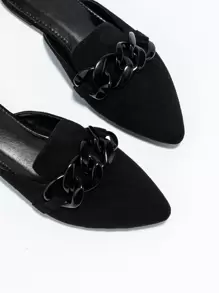 秋冬款黑色柔软仿麂皮尖头一脚蹬乐福鞋，带链条装饰，休闲舒适轻便百搭女士平底鞋，适合所有季节室内外穿着，穆勒鞋 - 黑色 - 查看 4