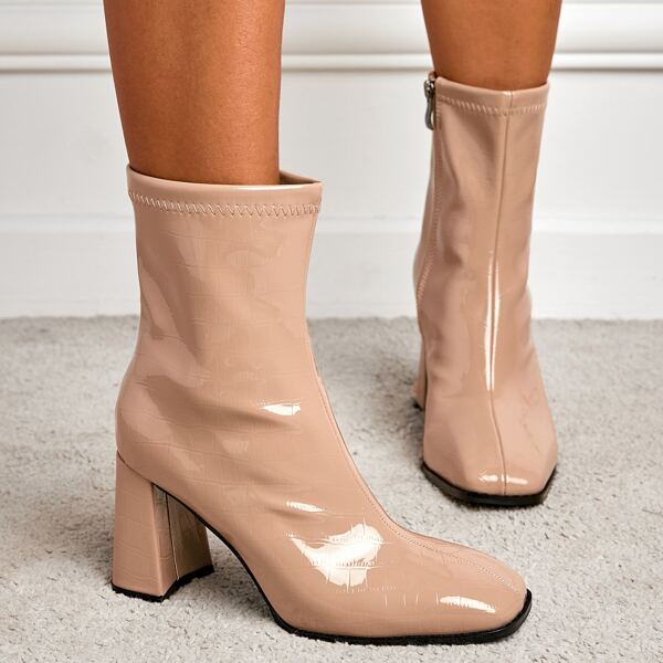 

Side Zip Croc Embossed Chunky Heeled Boots, Pink