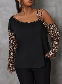 SHEIN LUNE Plus Leopard Print Asymmetrical Neck Tee - Black - View 1