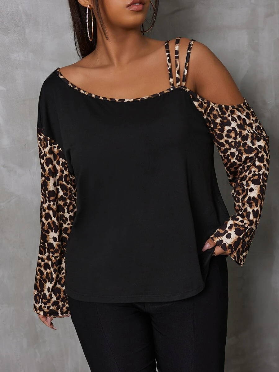 SHEIN LUNE Plus Leopard Print Asymmetrical Neck Tee - Black - View 1