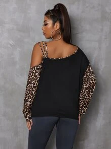 SHEIN LUNE Plus Leopard Print Asymmetrical Neck Tee - Black - View 2