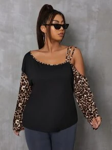 SHEIN LUNE Plus Leopard Print Asymmetrical Neck Tee - Black - View 3
