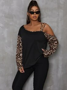 SHEIN LUNE Plus Leopard Print Asymmetrical Neck Tee - Black - View 5