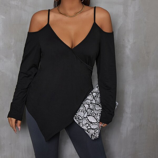 

размера плюс Футболка асимметричный с открытыми плечами, Чёрный