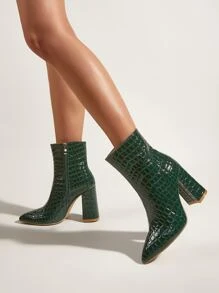 Crocodile Embossed Side Zip Chunky Heeled Boots - Green - View 2