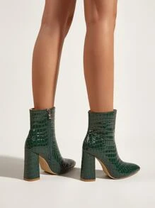 Crocodile Embossed Side Zip Chunky Heeled Boots - Green - View 3