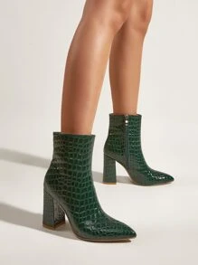 Crocodile Embossed Side Zip Chunky Heeled Boots - Green - View 4