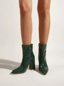 Crocodile Embossed Side Zip Chunky Heeled Boots - Green - View 5