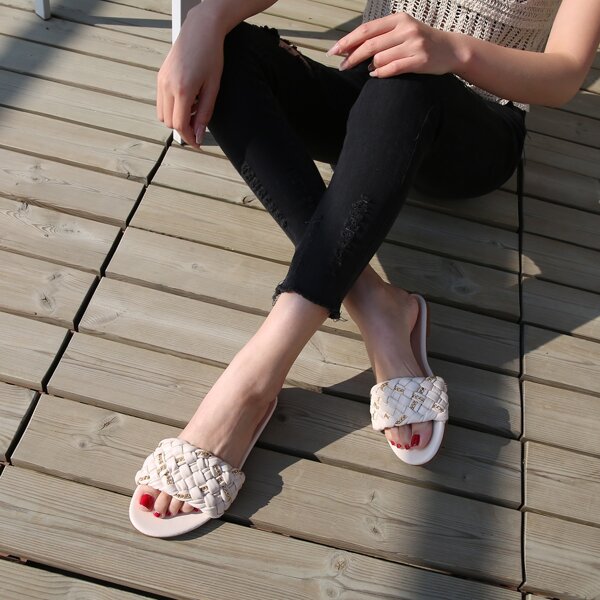 

Chain Decor Braided Detail Slide Sandals, Beige