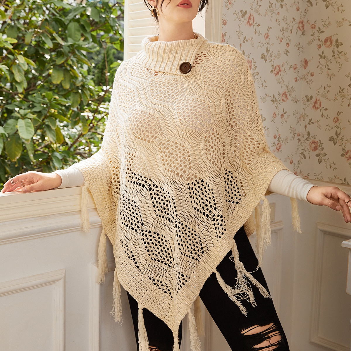 Пончо с бахромой вязаный размера плюс